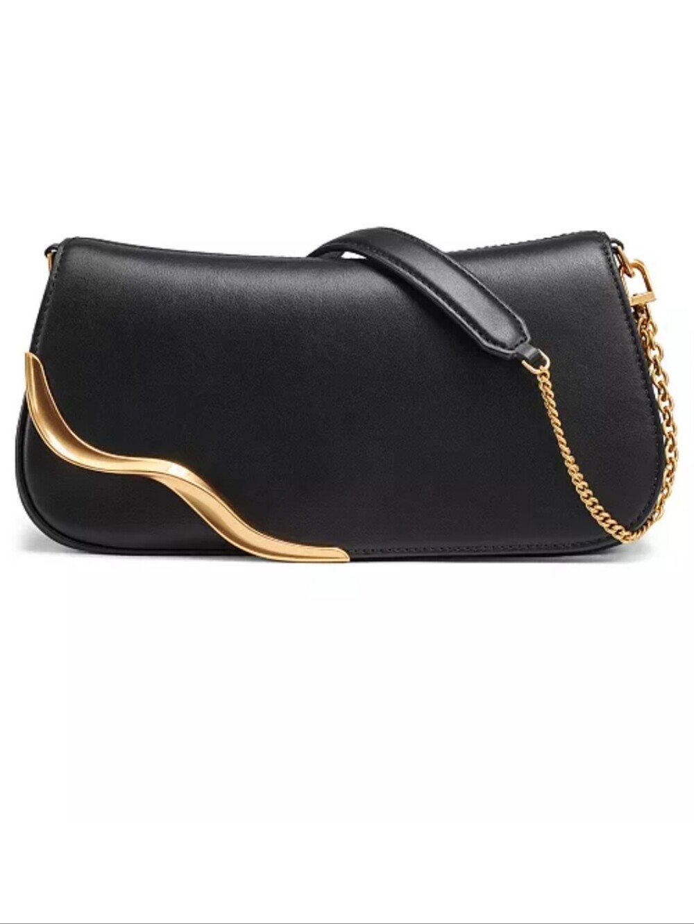 Donna Karan Black Leather Shoulder Bag with Gold Wave Accent